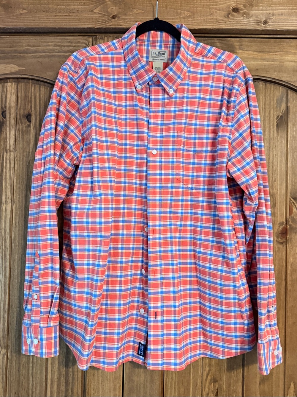 L.L. Bean Men’s Coral, Blue & White Plaid Button-Down Shirt